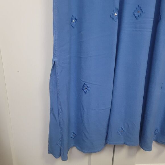 Soft Surroundings Blue V-Neck Embroidered Rayon Button Down Maxi Dress, LT - Picture 10 of 12